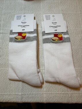 H&M White Crew Socks with Burger & Fries Design